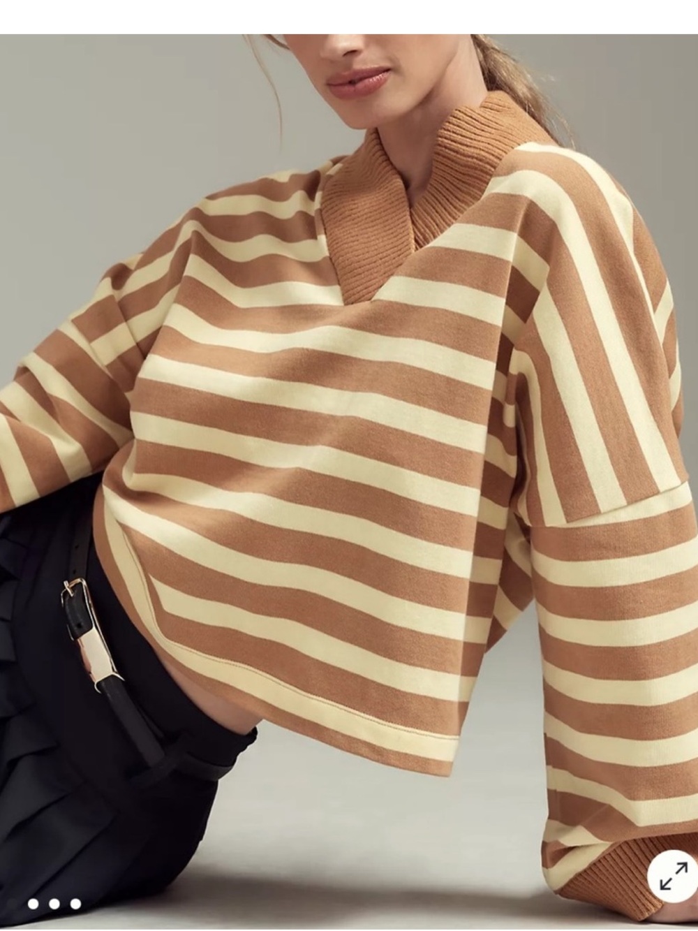 Anthropologie Maeve Cotton Boxy Oversized V-Neck Top in yellow stripe combo